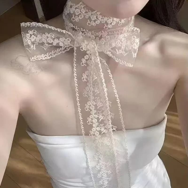 Lace Ribbon Scarf White Thin Long Lightweight Dual Purpose Neck Wrap Belt Hair Tie for Women Premium Versatile Daily Accessories