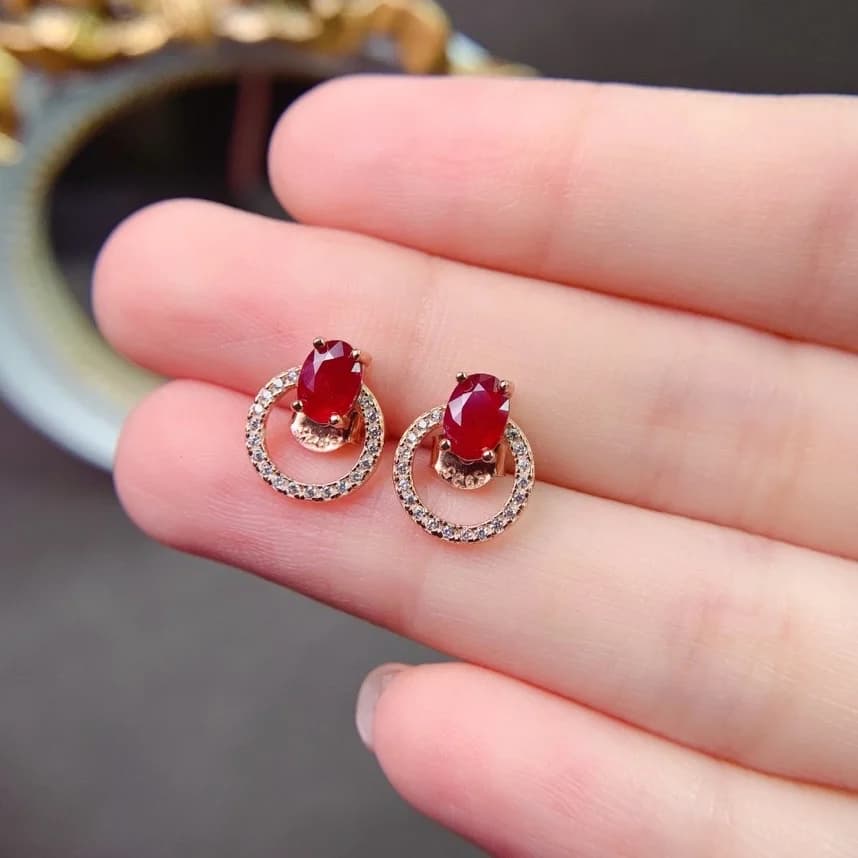 Orecchini a bottone con rubino naturale totale 1ct 4mm * 6mm rubino birmano 925 gioielli in argento orecchini con pietre preziose placcate oro 18 carati senza allergie
