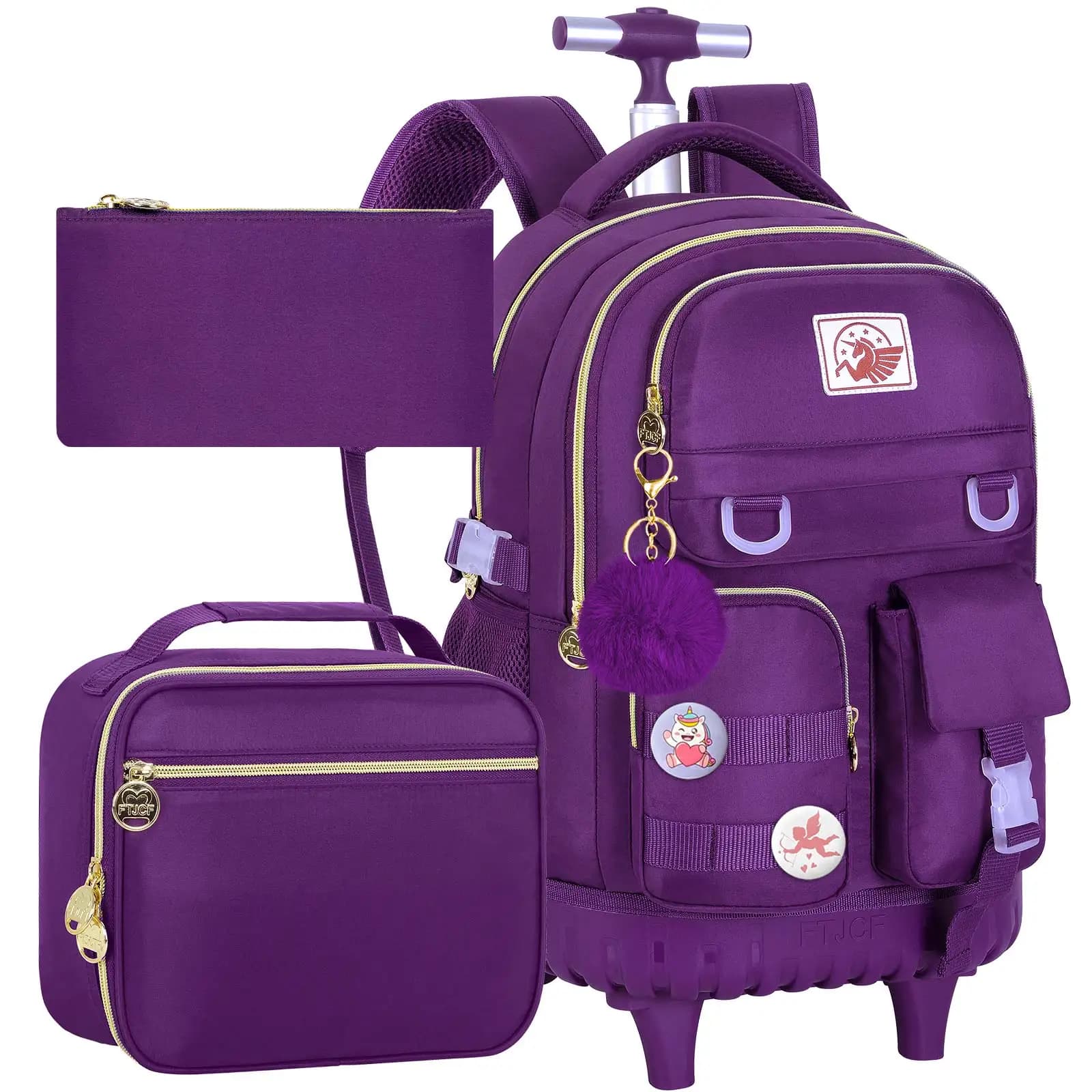 3Pcs Purple Wheeled Backpack Set Kids Trolley School Bag with Lunch Box & Pencil Case