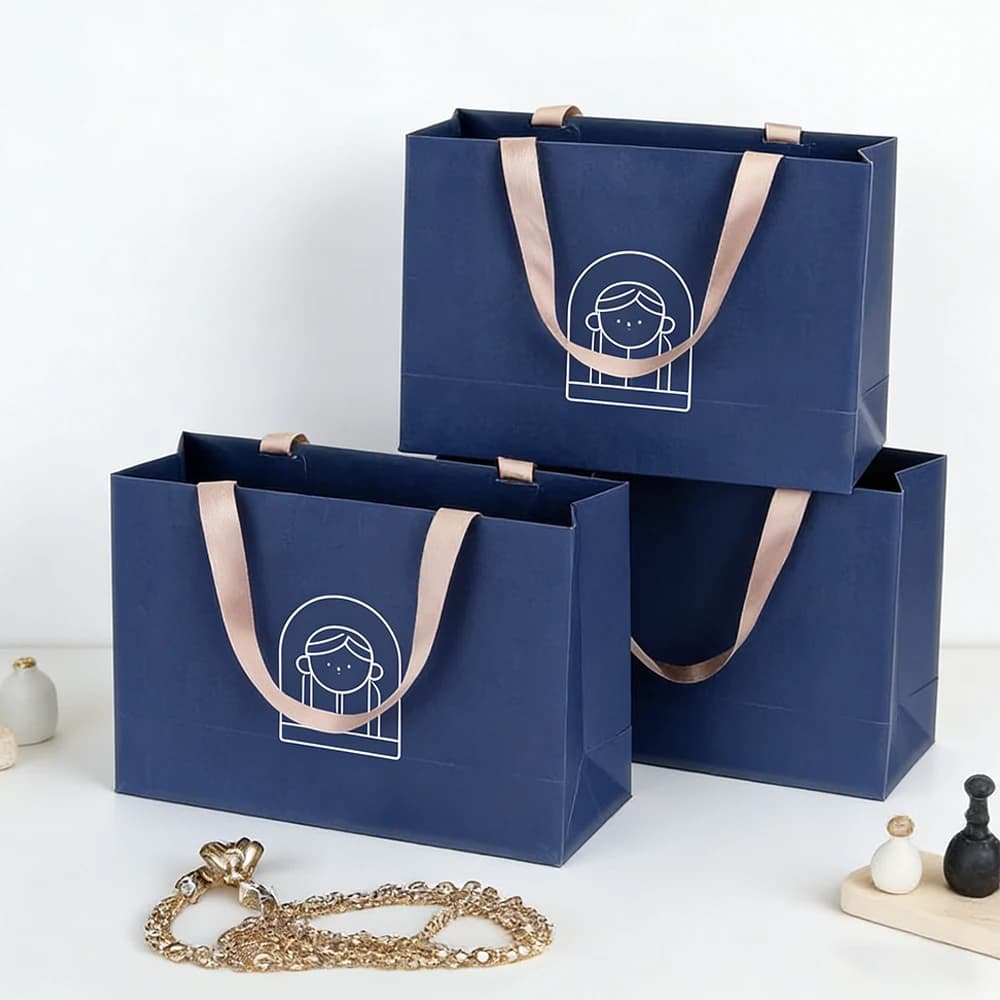 Sacchetto di Carta Blu Navy Personalizzato con Logo 28x10x20cm, Organizer da Viaggio, Confezione Regalo per Gioielli, Caramelle, Anelli, Orecchini, Bracciali, Ciondoli, Scatola per Torte
