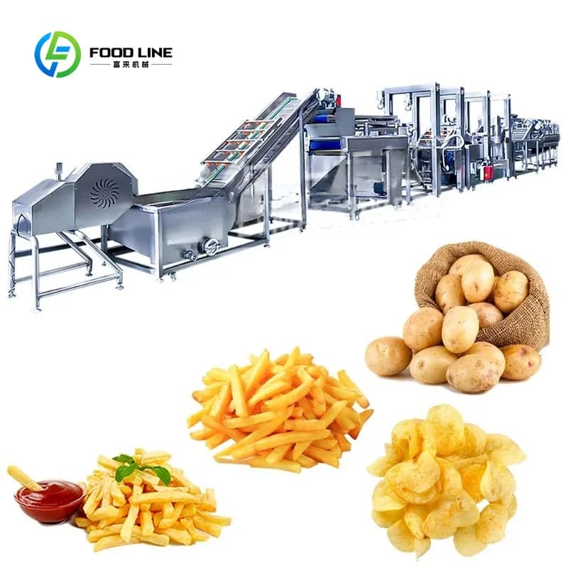 Linea di produzione automatica di patatine fritte con frullatore e friggitrice per la lavorazione commerciale di alimenti surgelati