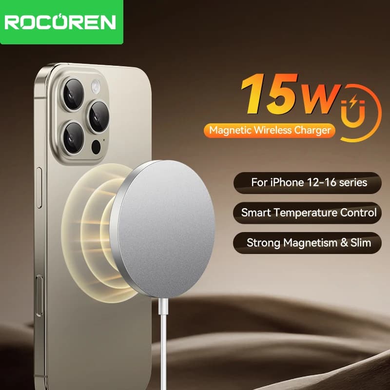 Rocoren 15W Magnetic Qi Wireless Chargers Fast Charging for iPhone 16 15 Pro Max PD Fast Charging For iPhone 16 Pro Max AirPods Fast Charging