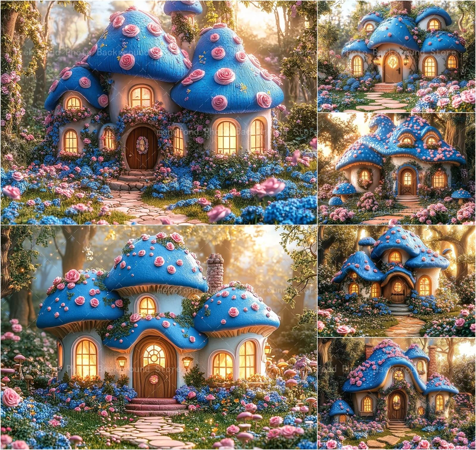 Mehofond Sfondo fotografico Fiaba Casa dei funghi Porta in legno Luce calda Fiori Bambini Ritratto di famiglia Sfondo Decor