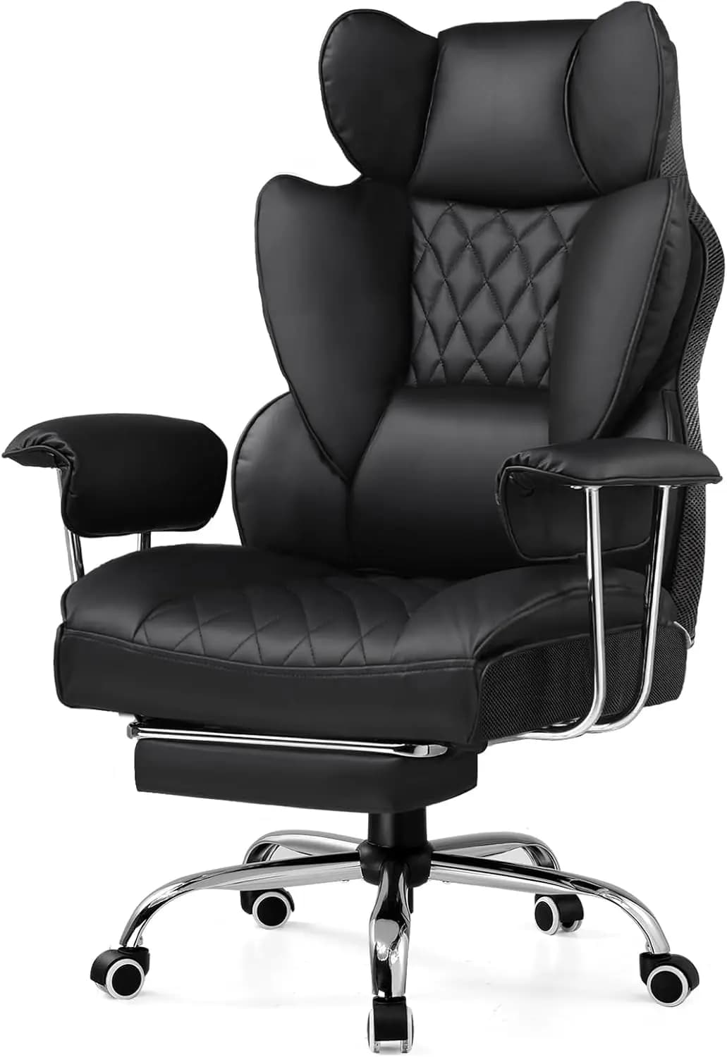Sedia da ufficio ergonomica da gaming con supporto lombare, seduta ampia, braccioli morbidi e poggiapiedi - Pelle PU Nera