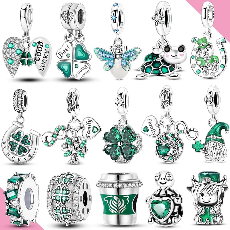 Perline di ciondoli in argento 925 serie verde per donna quadrifoglio tartaruga avocado adatto per bracciale originale che realizza gioielli con ciondoli