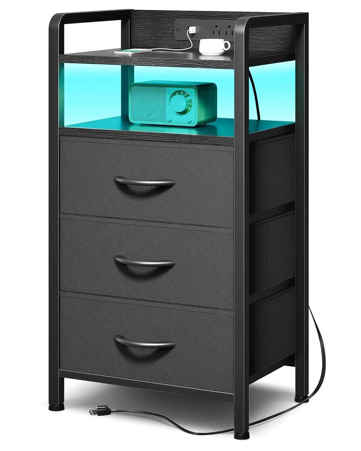 Comodino con Caricatore e Striscia LED, Comodino con Vano Portaoggetti, Personalizzabile