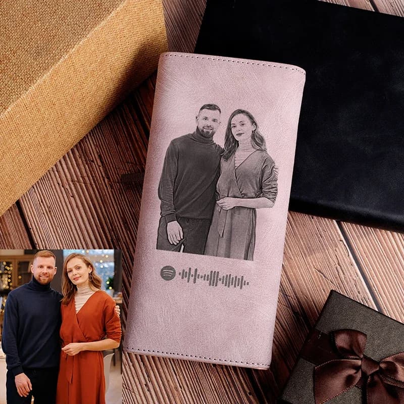 Nuovo Portafoglio Personalizzato Scansionabile Spotify per Donne, Portafoglio Lungo da Donna con Immagine Incisa, Portafoglio Rosa, Regalo per la Festa della Mamma
