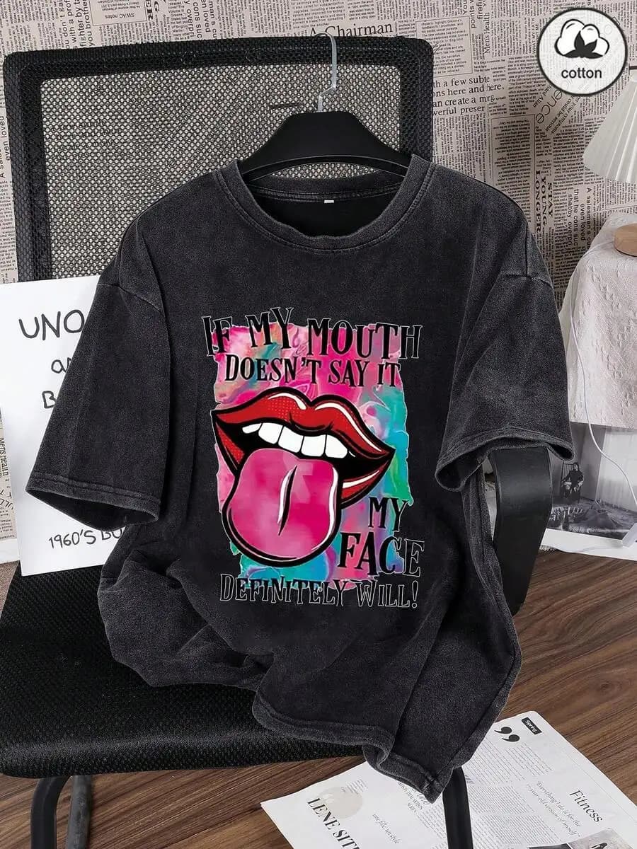 T-Shirt da Donna in Cotone Lavato con Stampa Grafica e Design Labbra Audace, Stile Punk Y2K