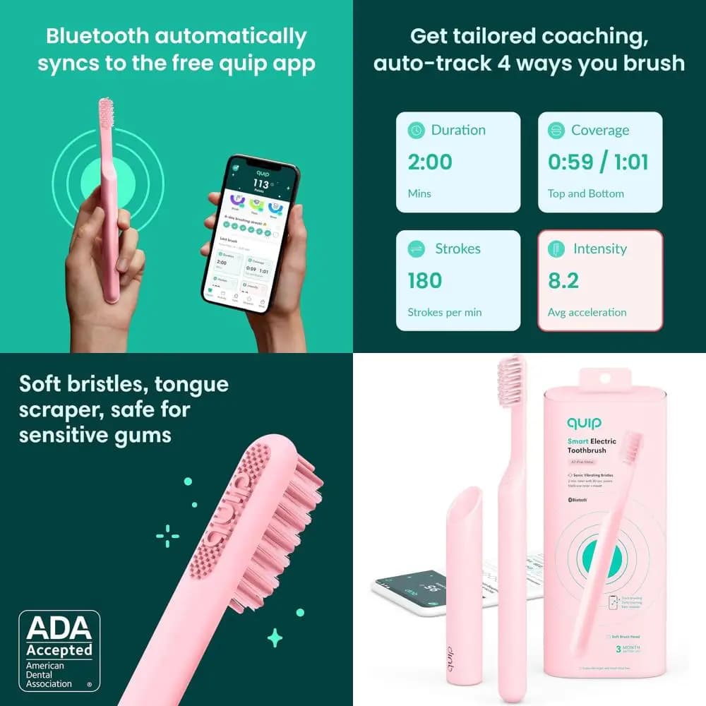 Electric Toothbrush for Adults with Bluetooth, App Rewards, Soft Setole, Metal Handle, 3 Months Battery, Travel Ready, All Pink