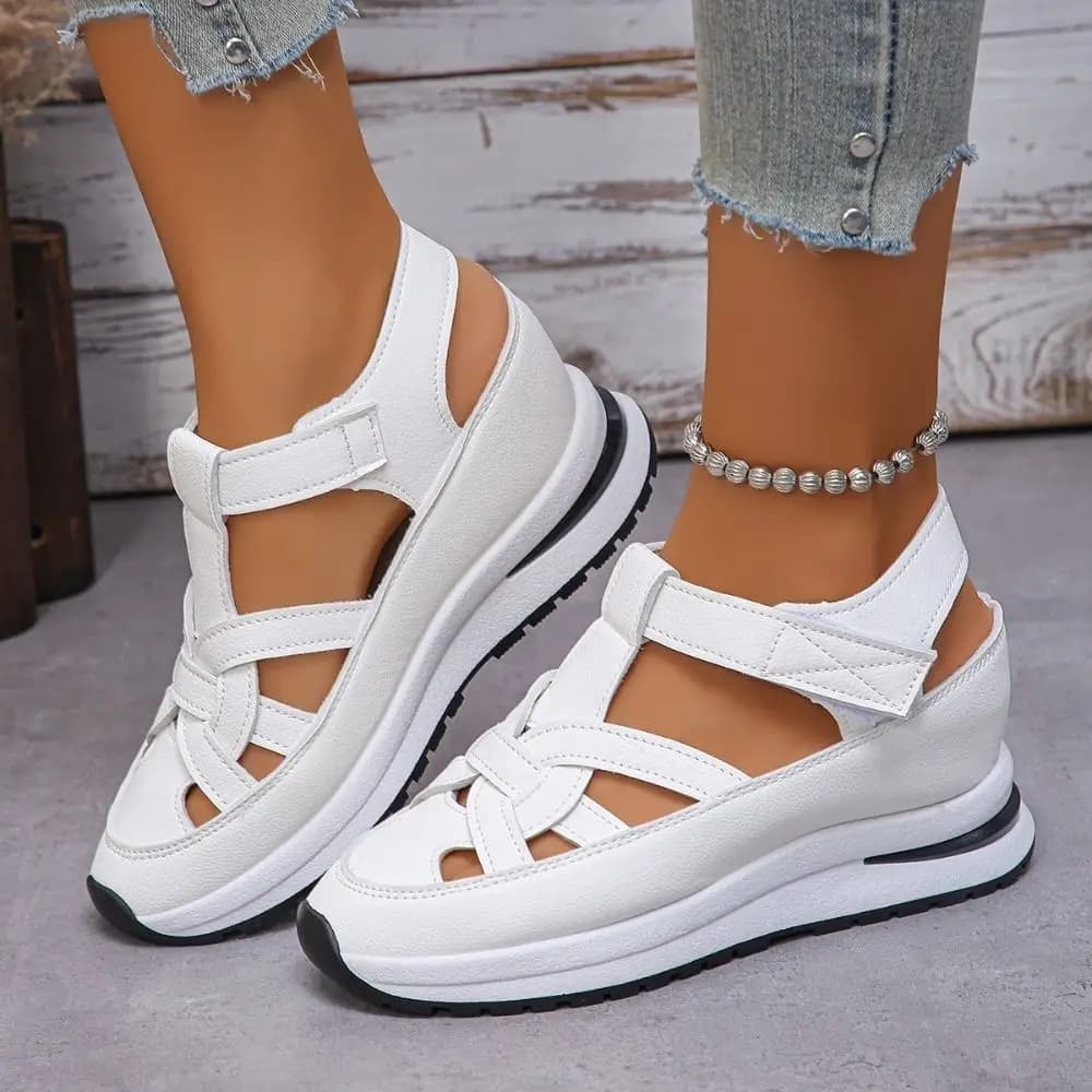 Closed Toe Women's Solid Wedge Sandals Buckle Strap Fashion Ladies Sports Sandals Hollow Height Increasing Women Sandals