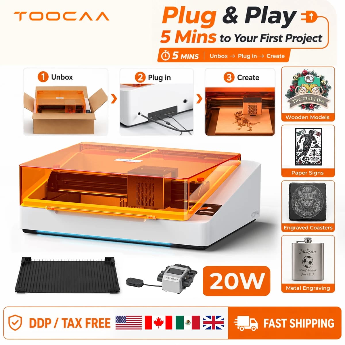 Incisore laser AI TOOCAA NOVA 20W con Smart Air Assist, macchina da taglio desktop di classe 1 con sistema di protezione, per fai da te su legno, acrilico e metallo.