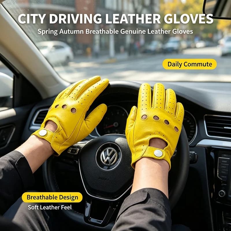 Men's Goatskin Genuine Leather Gloves Spring Autumn Breathable Casual Full Finger Driving Glove Urban Daily Commute Motorcycle