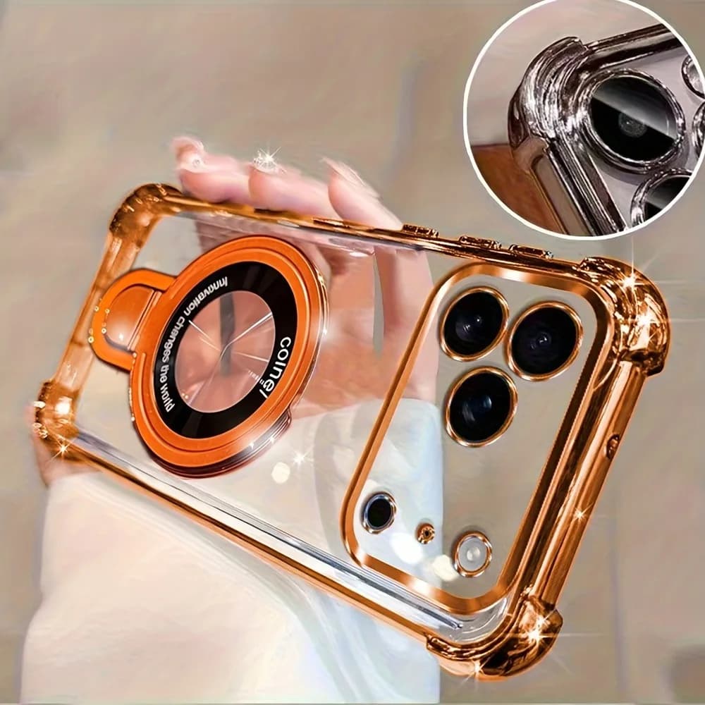 Custodia di Lusso Placcata per iPhone 17 Pro Max 16 15 14 Plus 13 12 11 17 Air con Anello Magnetico e Supporto Integrato