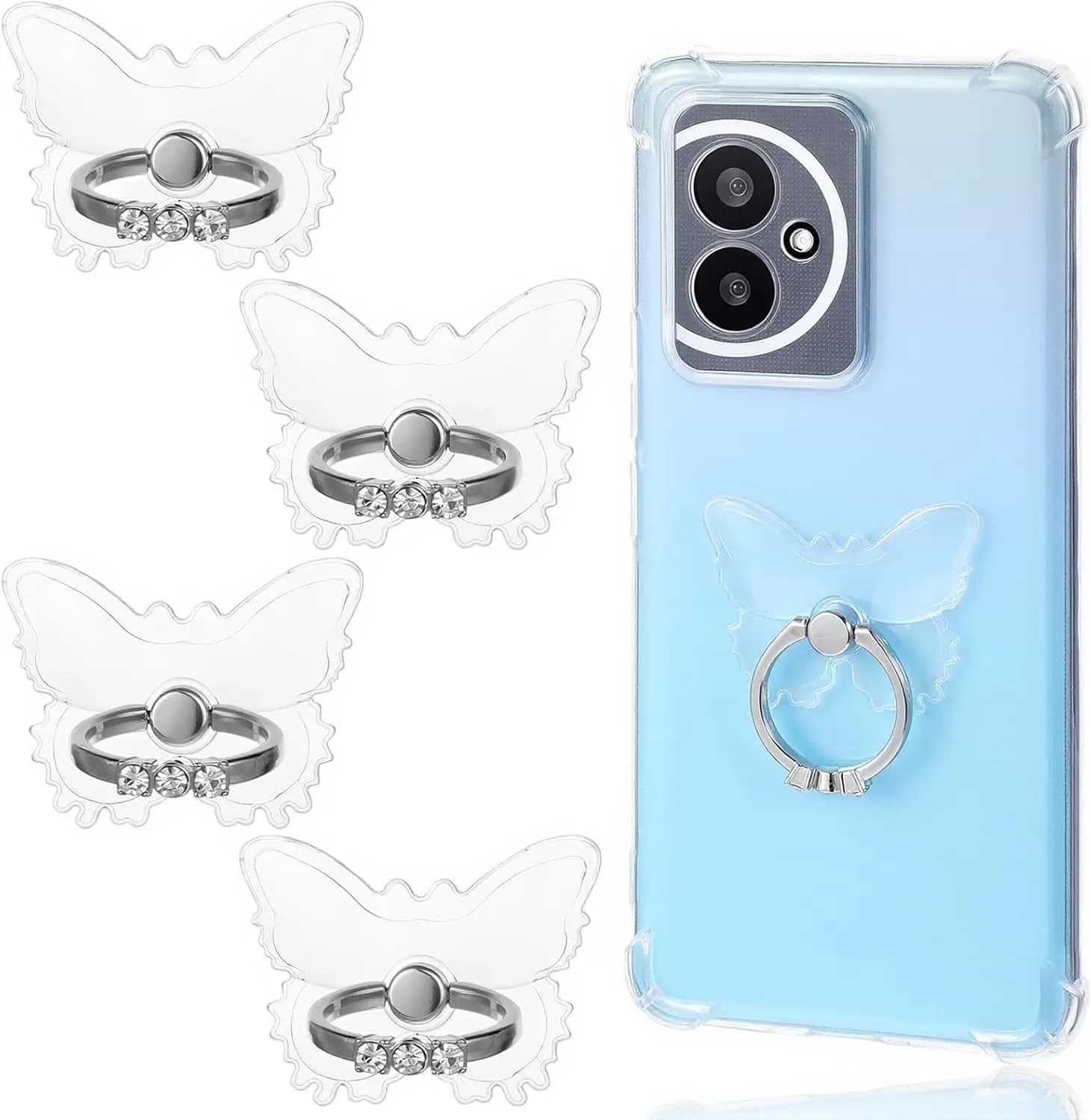 4 Piece Transparent Butterfly Shaped Phone Ring Holder, Transparent Ring Holder for Cell Phone with 3 Diamonds, 360 ° Swivel Handle for Die