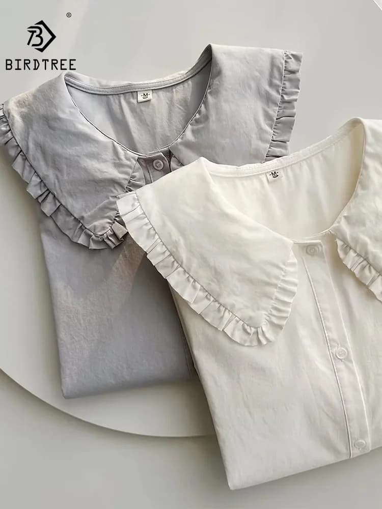 Birdtree White Ruffled Doll Collar Cotton White Shirts Long-sleeved Spring New Design European Clothes Tops Fall T32605Z