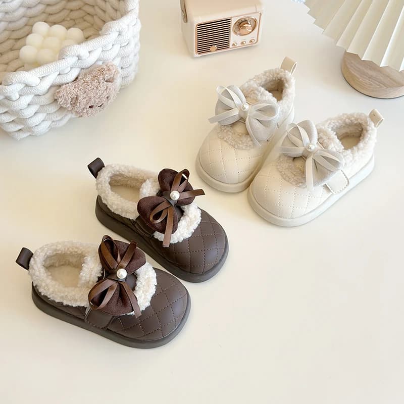 Girls Winter Cotton Shoes Fashion Outdoor Kids Soft Bottom Princess Shoes Warm Causal Children's Plush Snow Boots with Bowknot
