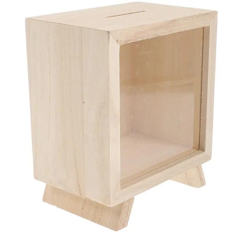 NUOVO Salvadanaio Salvadanaio Barattolo di risparmio di monete in legno Ombra per bambini Scatole per fondali trasparenti Punte infrangibili in legno sicuro Cambia viaggio non aperto