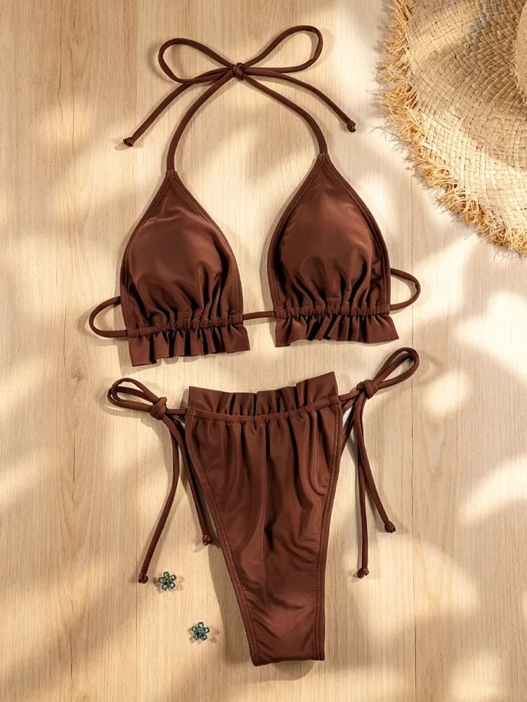 Rinade Brown Bikinis Halter Swimsuit High Cut Bikini Triangle Swimwear String Swimsuits Bandage Bathing Suit Two-Piece Beachwear