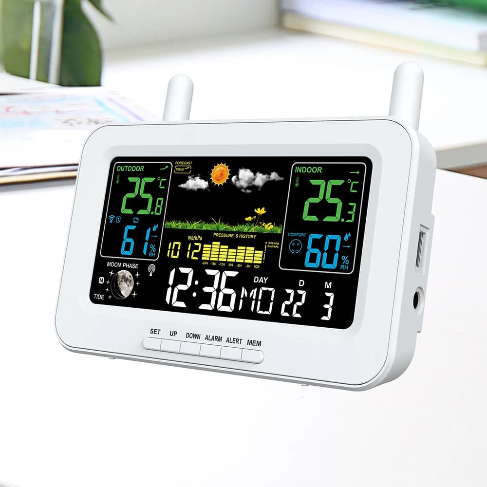 Stazione meteorologica termometro Wireless per interni ed esterni Display a colori termometro meteorologico con calendario della stazione di previsione dell'orologio