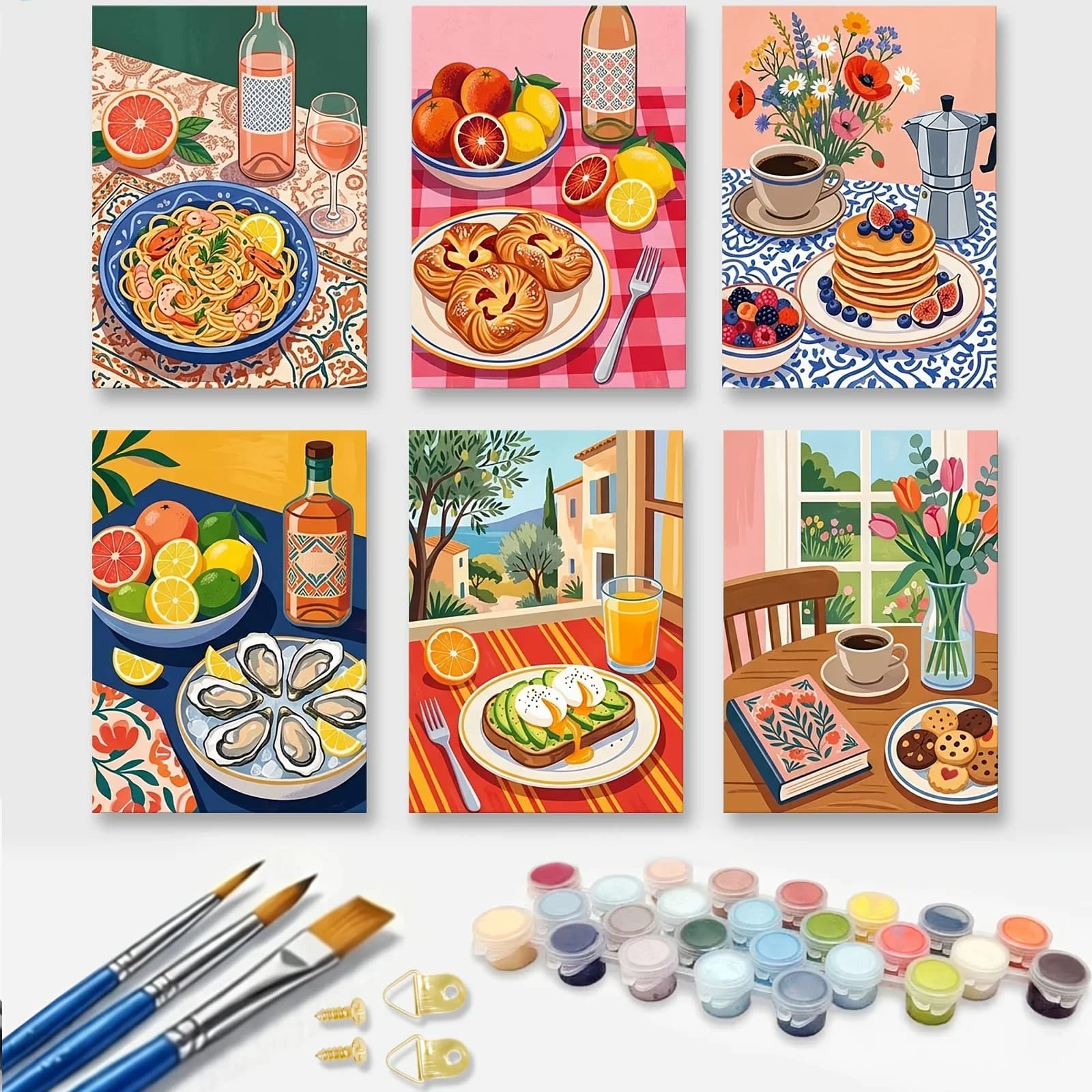 6pcs Paint by Numbers Kit for Adults Beginners - 9.8X13.7In/ 25X35Cm Color Canvas, Easy Delicious Food on The Table Acrylic Pain