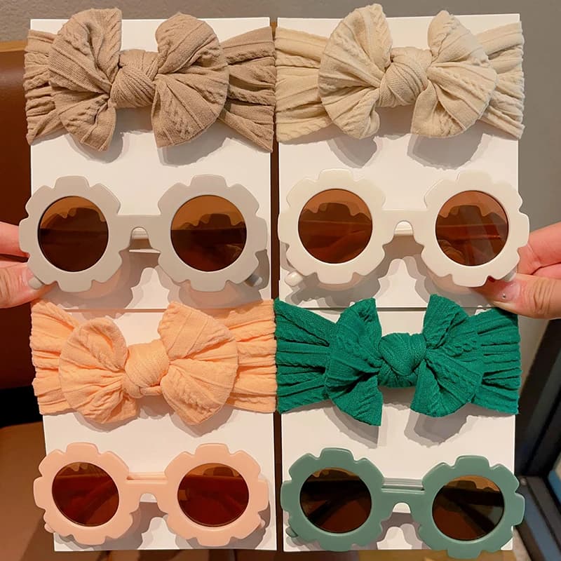 2 pz/set nuovi colori per bambini morbidi Bowknot fasce per capelli larghe moda occhiali da sole girasole con bordi quadrati Set accessori per capelli per bambini