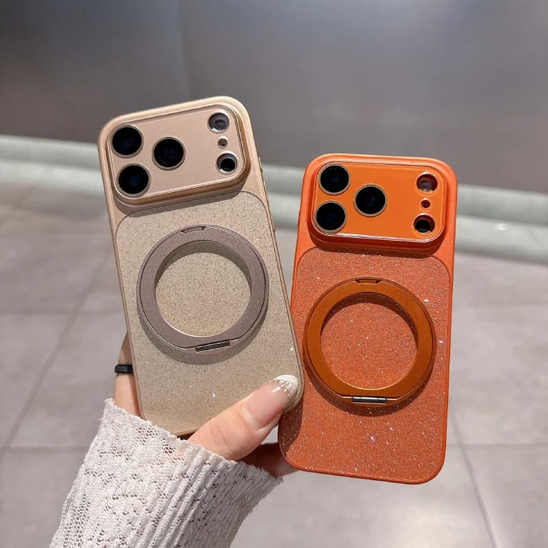 360 ° Custodia per telefono con anello magnetico rotante in metallo e glitter per iPhone 17 Pro Max 15 13 12 11 14 16 Pro Max, cover posteriore con paraurti