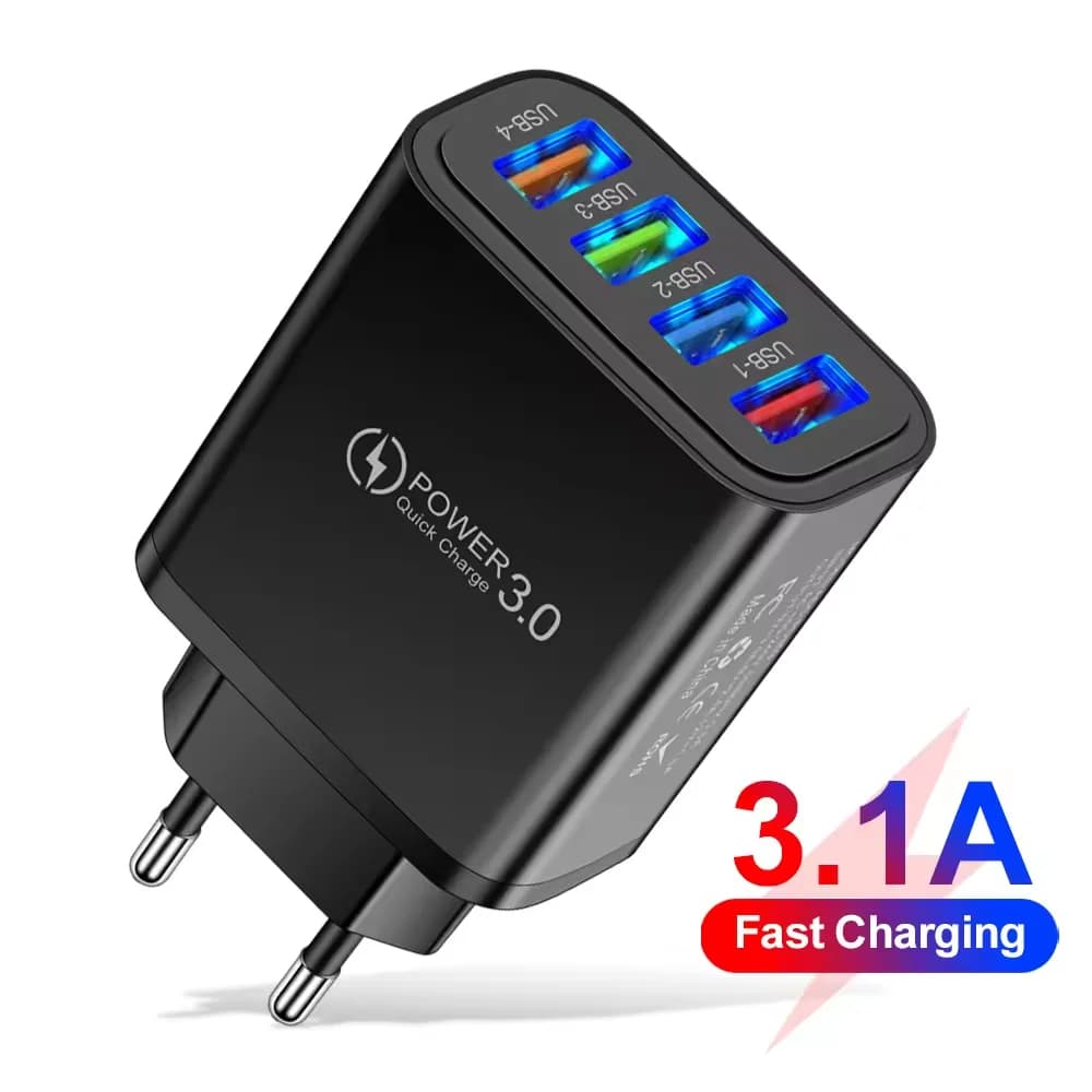 Caricatore USB 3.1A 4 in 1 con porte multiple, ricarica rapida USB 3.0, adattatore di alimentazione con spina EU/US/UK, ricarica rapida da parete per iPhone, Xiaomi, Samsung