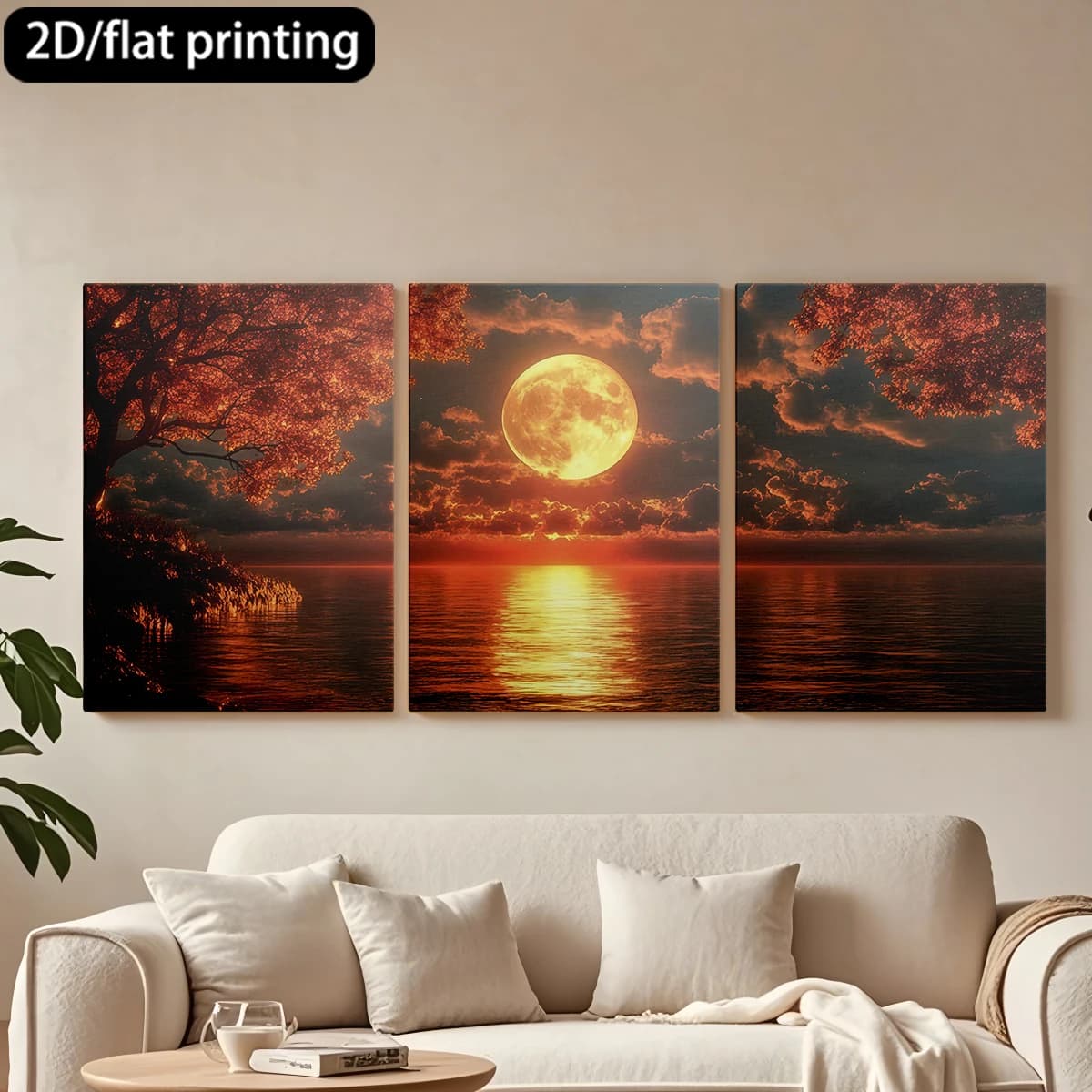Decorative painting on canvas with wooden frame, 3 pieces. Full moon, serene lake, fuzzy sky. Hall decoration, living room.