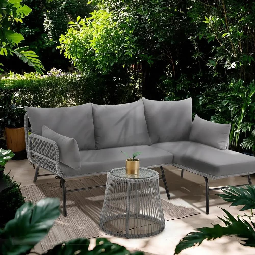 Set di Mobili da Giardino in 5 Pezzi, Divano Sezionale in Vimini con Tavolo Portaoggetti, Cuscini Antiscivolo e Coperture, Grigio