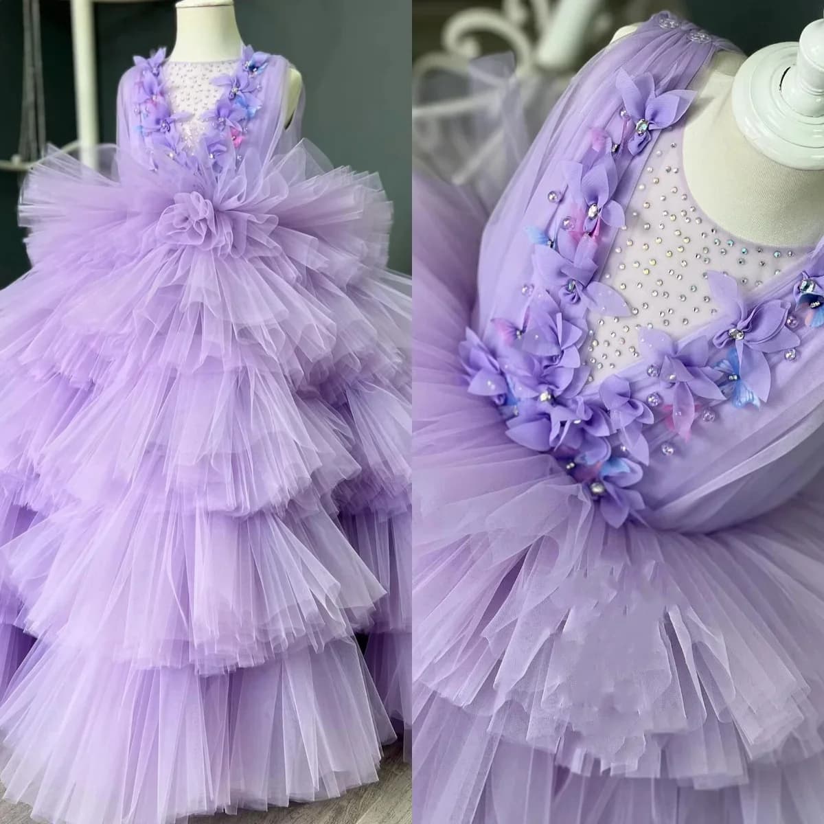 Abiti da ragazza di fiore color lavanda personalizzati per matrimonio Abito da prima comunione gonfio in cristallo floreale 3D a strati per festa di compleanno