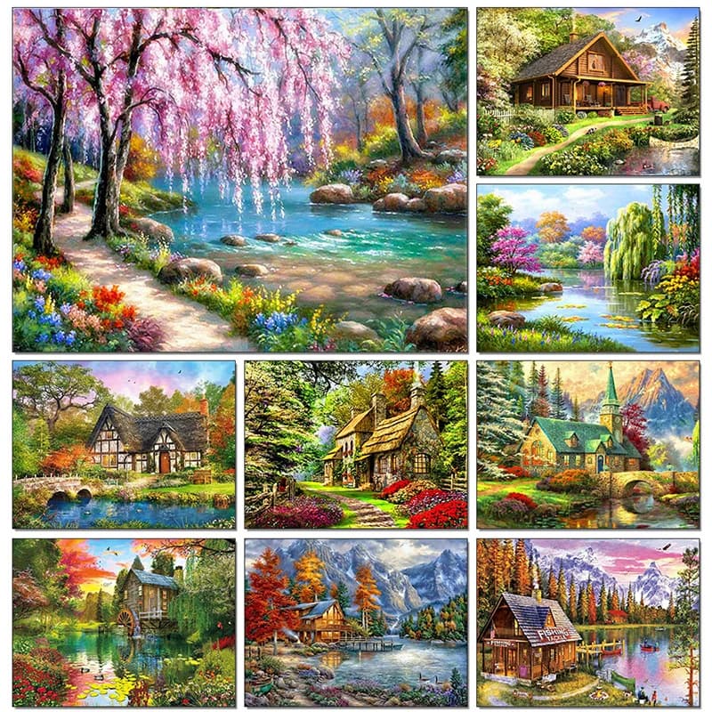 Diy 5D Diamond Painting "Landscape House" 3D Diamond Embroidery Mosaic Full Round Drill Cross Stitch Home Decoration Gift