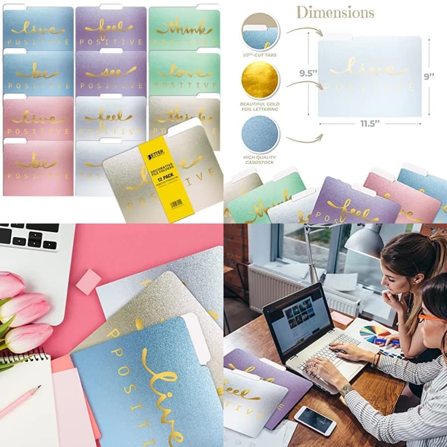 Migliora il tuo spazio di lavoro con 12 cartelle decorative in 6 colori e 6 frasi motivazionali con 12 disegni unici