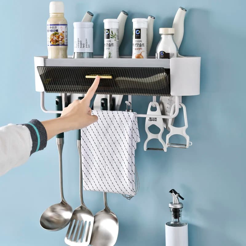 Bathroom Organizer Rack Knife Seasoning Shelf With Drain Holes For Kitchen Holder Bathroom Storage Rack With Towel Rod And Hooks