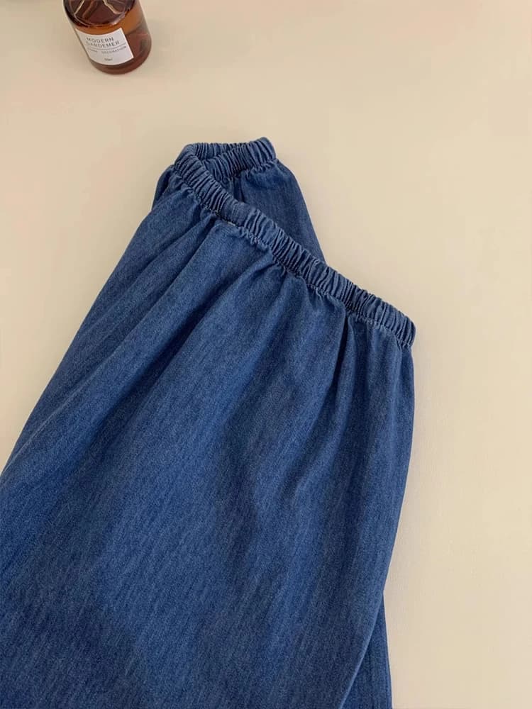 Retro Japanese Blue Cotton Linen Elastic Waist Jeans Women Summer Thin Loose Slim Straight Leg Wide Leg Casual Pants