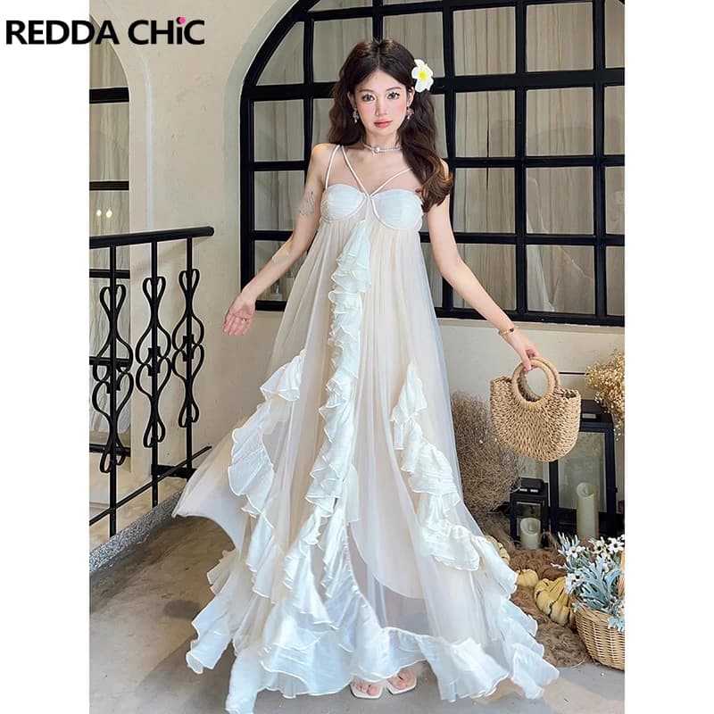 REDDACHiC Abito da donna in chiffon con volant Corsetto Canotta senza maniche Abito lungo maxi monopezzo Abiti estivi da sposa principessa