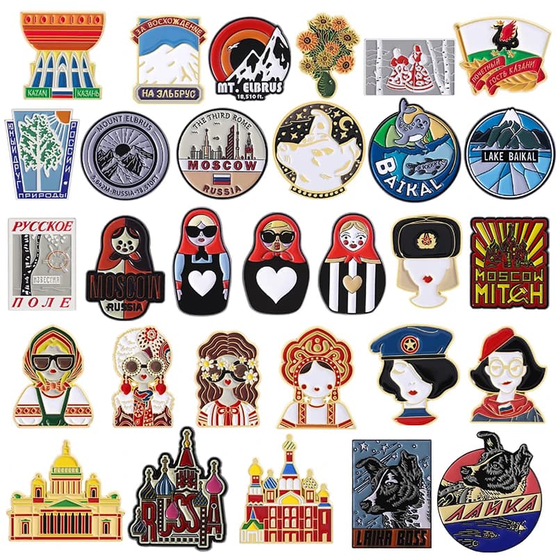 Russian Ethnic Style Customs Traditions Badge Enamel Pin Russian Nesting Doll Kazan Moscow Space Dog Metal Brooches Jewelry Gift