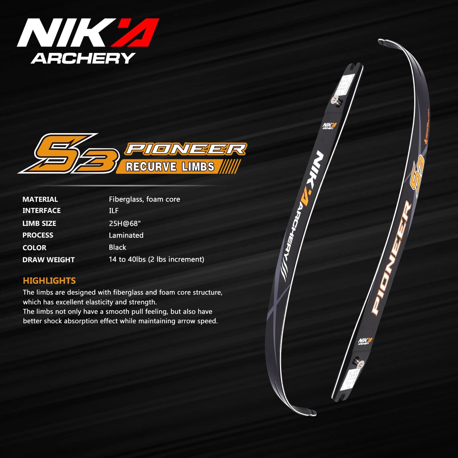 S3 66 Inch Fiberglass ILF Recurve Bow Limbs 1Set Archery Spare Components Replacement Bow Parts Outdoor Target Shooting
