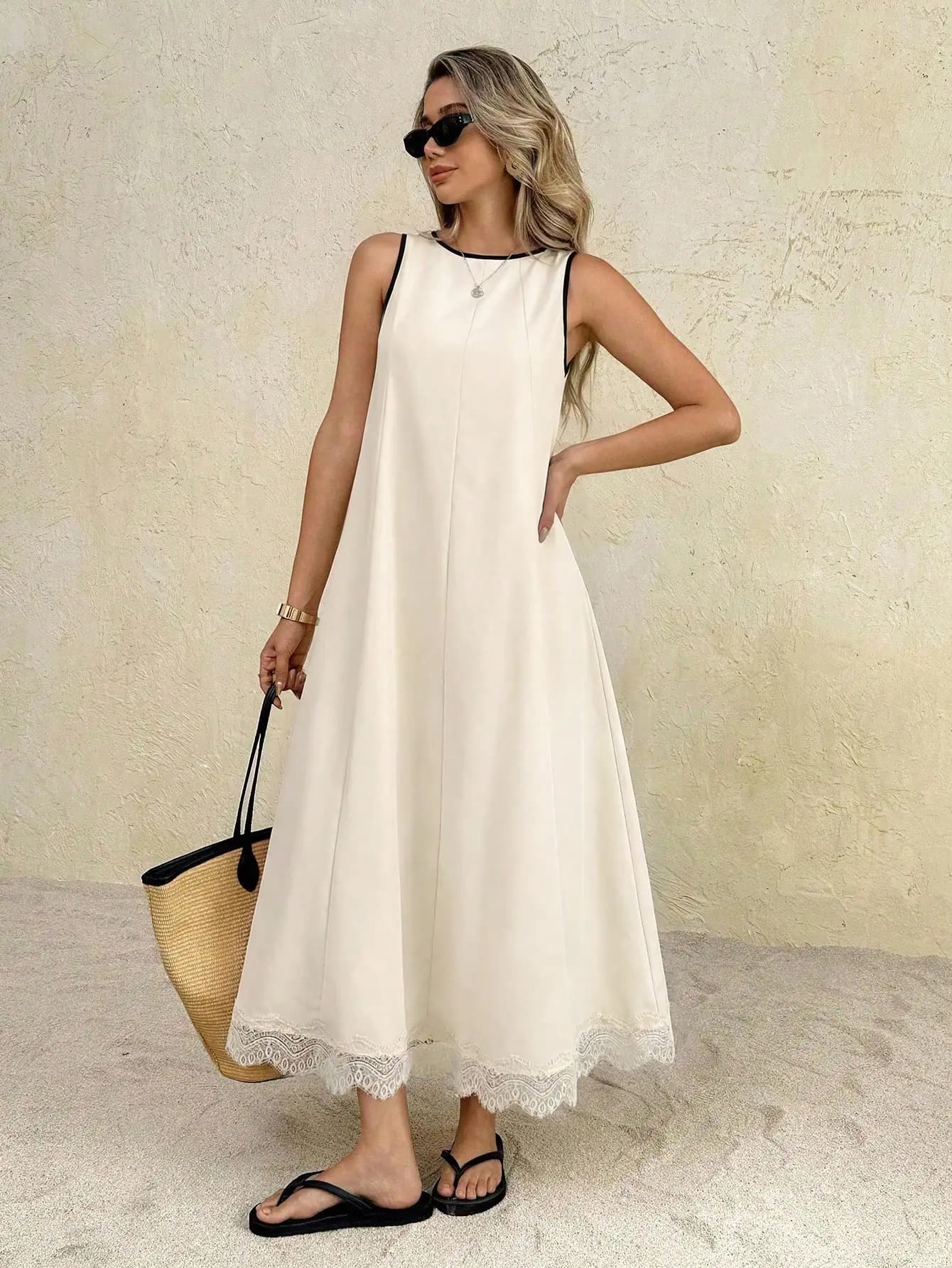 Women's Sleeveless Round Neck Maxi Dress With Lace Trim Casual Flowy A-Line Summer Dress