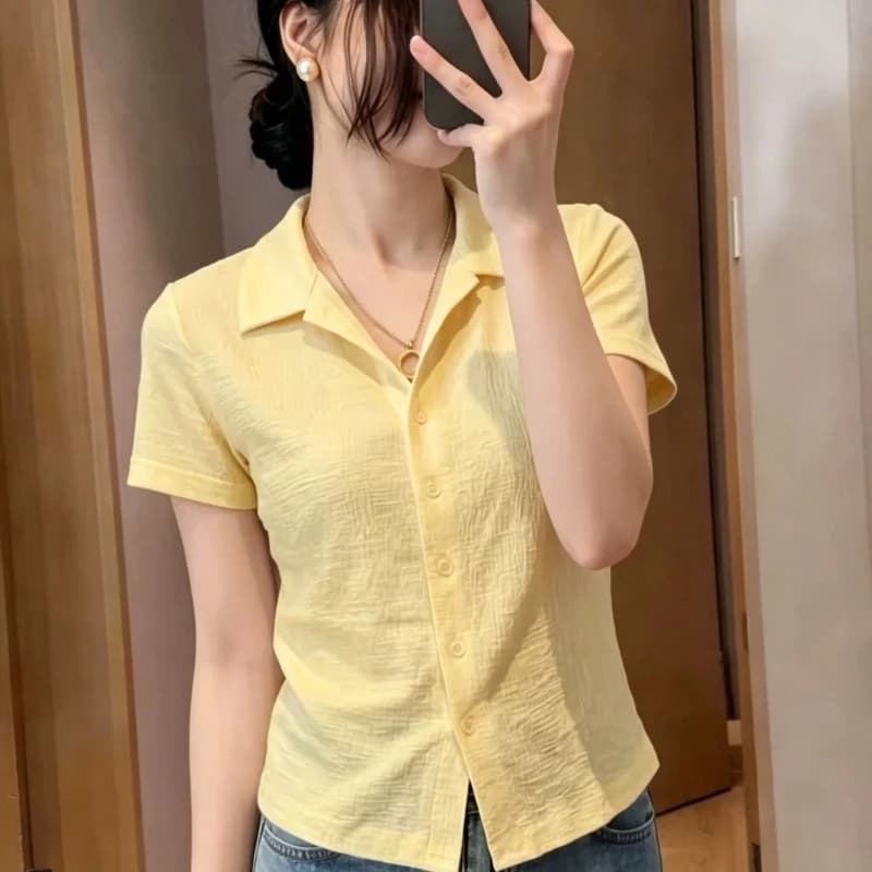 Office Lady Short Sleeve Polo Neck Solid Button Slim Shirt Tops Women Clothes Summer New Simplicity Elegant Blouse Fashion Trend