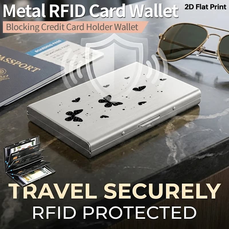 Portacarte in Metallo con Blocco RFID, Portafoglio Sottile Minimalista per Uomo e Donna, Motivo Celeste con Farfalle e Stelle, Antifurto per Carte di Credito