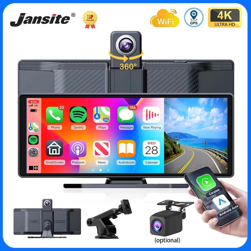 Dashcam 4K da 10,26 pollici 360 ° Obiettivo rotante DVR per auto Wireless Carplay Android Auto Navigazione GPS Videoregistratore per cruscotto con telecamera posteriore