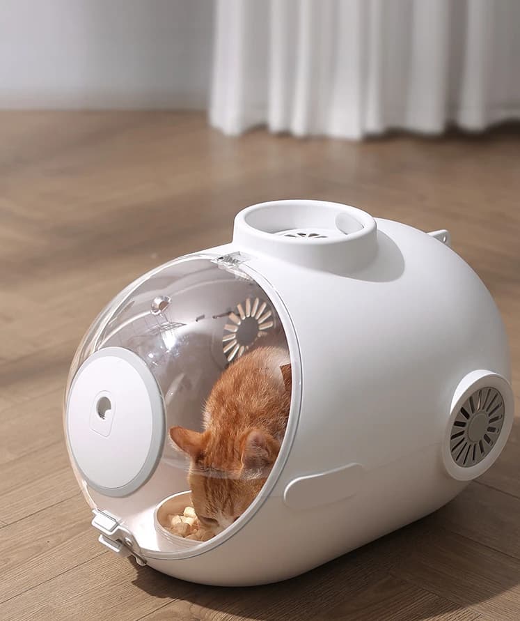 Borsa a tracolla per animali domestici Borse da trasporto in plastica con ciotole per mangiatoia per alimenti Capsula spaziale trasparente Borsa da viaggio per cani di gatto di piccole dimensioni