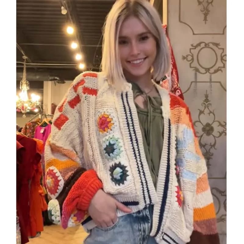 YENKYE 2025 Multicolor Handmade Crochet Cardigan Sweater For Women Lantern Sleeve Loose Boho Coat Autumn Winter Outerwear