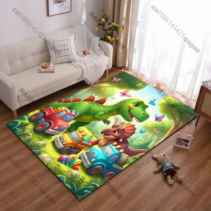 Tappeto con dinosauri, camion e scena naturale giocosa, tappeto da yoga, decorazione per soggiorno, tappetino per gattonare per bambini, zerbino, tappeto decorativo