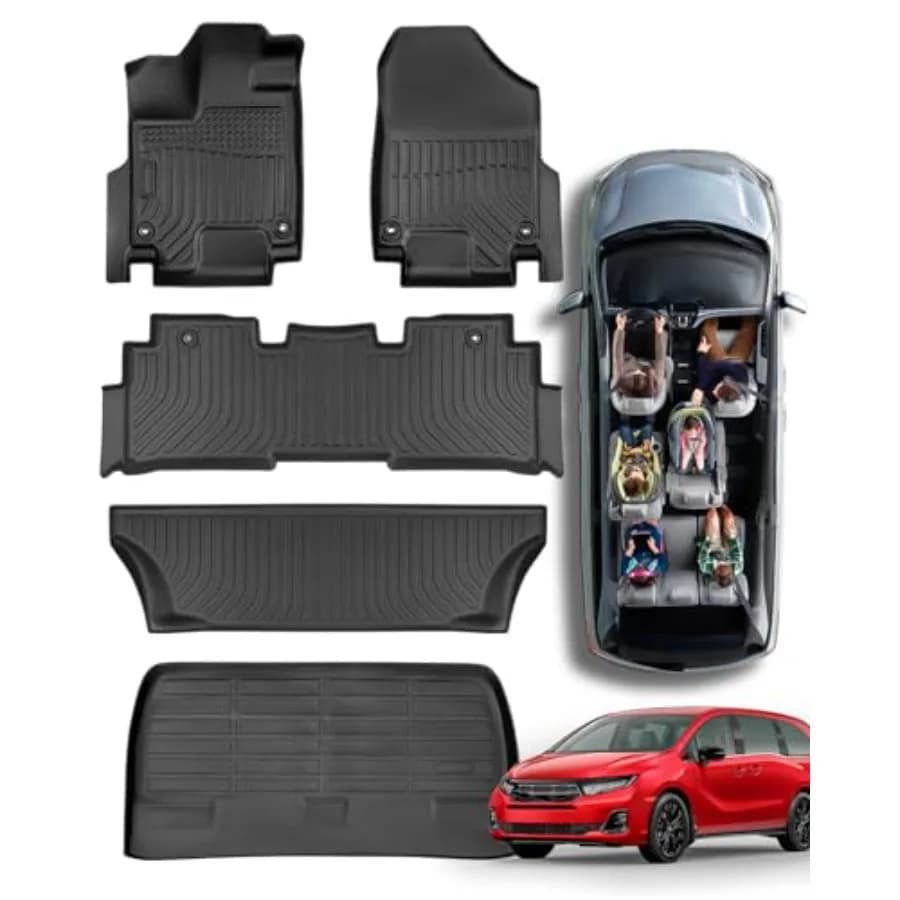 Tappetini per tutte le stagioni e set di 5 tappetini per bagagliaio per Honda Odyssey 2018-2026, accessori auto neri con materiale premium resistente