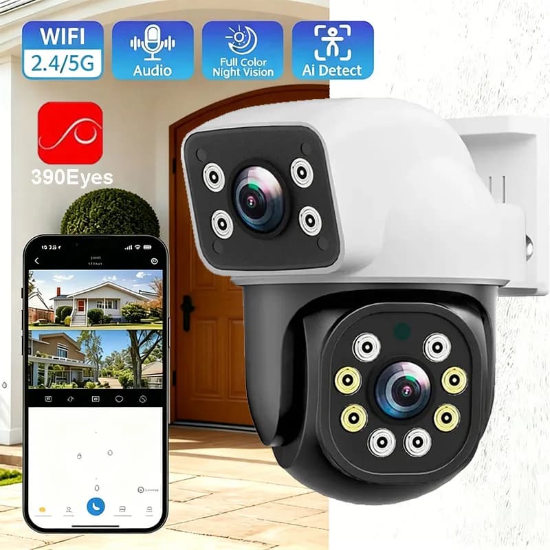 Telecamera IP WiFi 8MP a Doppia Lente con Tracciamento Automatico, Audio Bidirezionale, Doppio Schermo, Visione Notturna HD, per Sicurezza Domestica Esterna e Sorveglianza CCTV