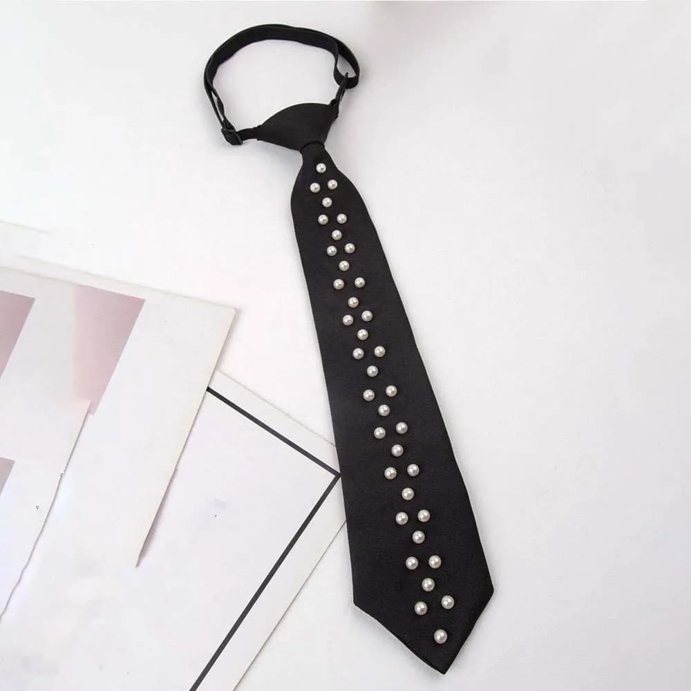 Elegant Korean Style Pearls Tie Tassels Choker Hand-beaded Long Necktie Necklace Black Decoration Shirt Tie