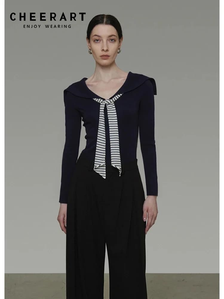 CHEERART Preppy Colletto alla marinara Manica lunga Top lavorato a maglia e camicetta Donna Cravatta al collo Maglieria blu royal 2025 Abiti autunnali