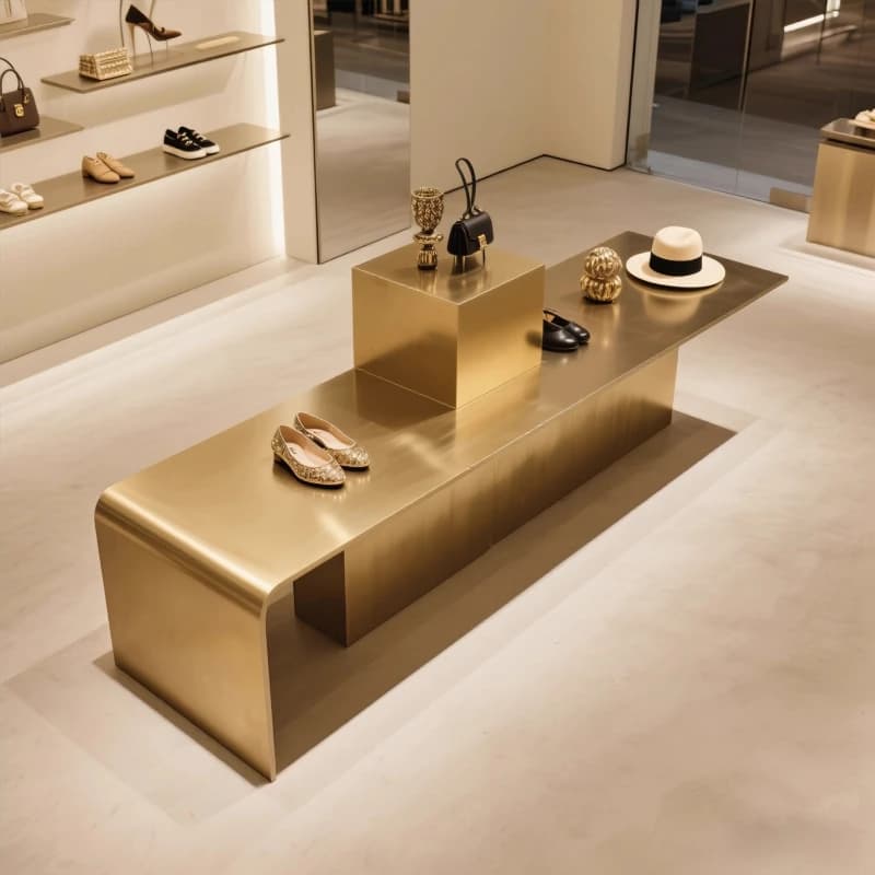 Negozio di abbigliamento semplice e moderno, negozio di scarpe e borse, tavolo ad acqua al centro, espositore in acciaio inossidabile