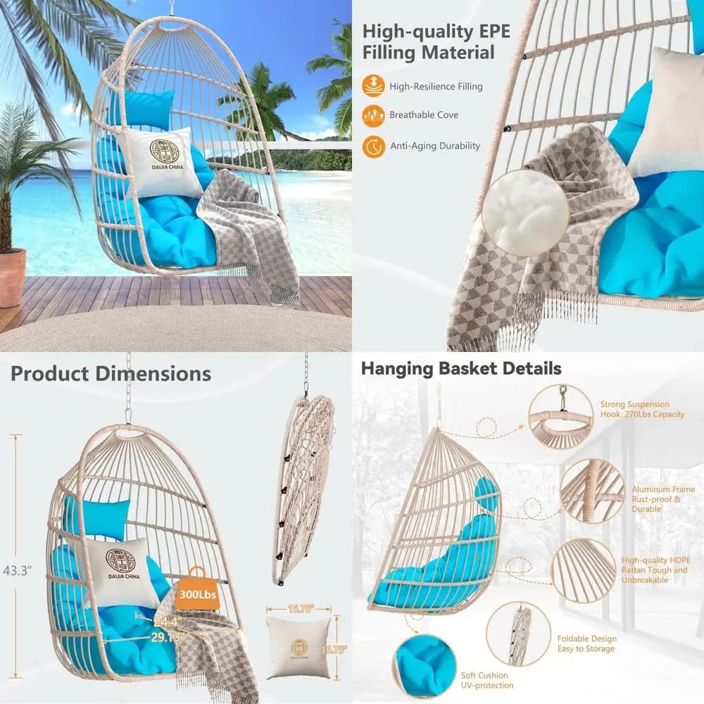 Egg-shaped hanging chair with pillow, durable HDPE rattan rocking chair, aluminum frame, UV protection cushion, ideal for outdoors